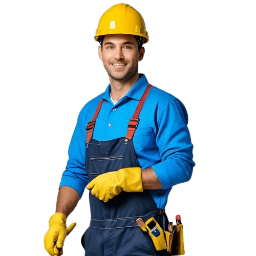 THMP technician in a blue shirt, overalls, and yellow hard hat