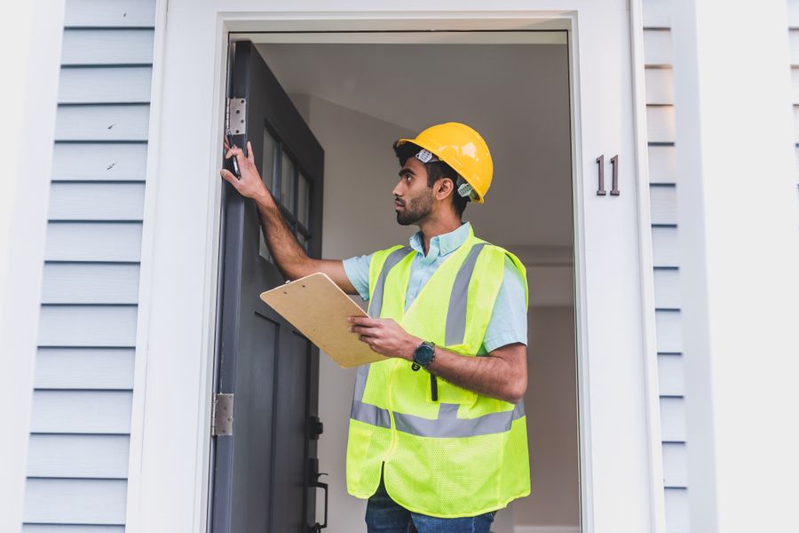 Inspector with a clipboard checking a door hinge at a rental unit